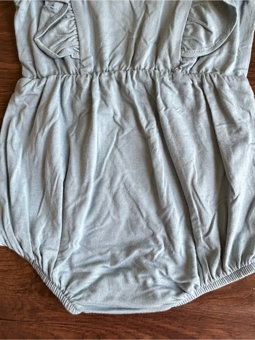 Kyte Short Sleeve Bubble Romper with Ruffles in Dusty Blue 6-12m